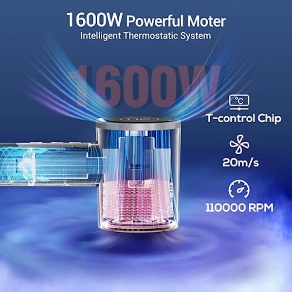 110,000RPM High-Speed Blow Dryer for Fast Dry, Hair Dryer Blow Dryer with Diffuser, Ionic Hair Dryer with Magnetic Nozzle & LED Display, Portable Travel Hair Dryer for Salon Home-S