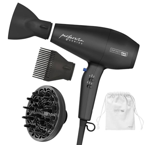 Conair Infiniti Pro Hair Dryer with Diffuser Plus 2 Other Attachments and Drawstring Storage Bag | Performa Series Hair Dryer | Blow Dryer with Professional Performance Motor | Bla