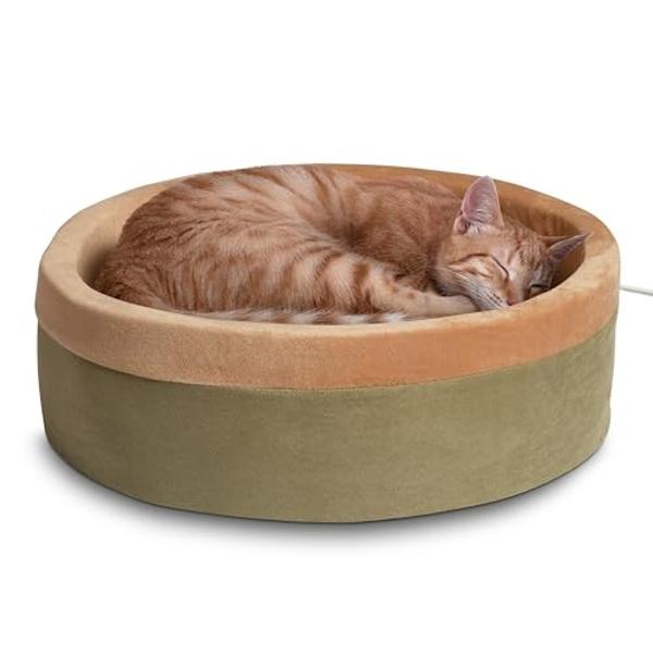 K&H Pet Products Thermo-Kitty Bed Heated Cat Beds for Large Indoor Cats & Dogs, Calming Warming Pillow Pet Bed, Machine Washable, Removable Heater, Safety Listed - Large 20" Round 