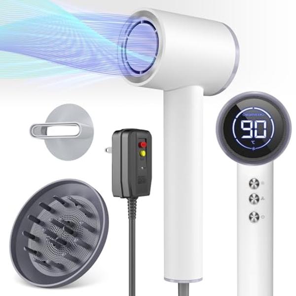 110,000RPM High-Speed Blow Dryer for Fast Dry, Hair Dryer Blow Dryer with Diffuser, Ionic Hair Dryer with Magnetic Nozzle & LED Display, Portable Travel Hair Dryer for Salon Home-S