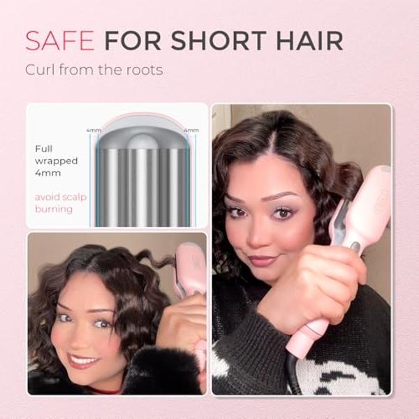 Curling Iron Hair Crimper Waver - TYMO ROVY Beach Waves Curling Wand, Ionic Deep Waver Hair Curler Tool with Ceramic 3 Barrel for Women, Dual Voltage, Anti-Scald, Easy to Use, Pink