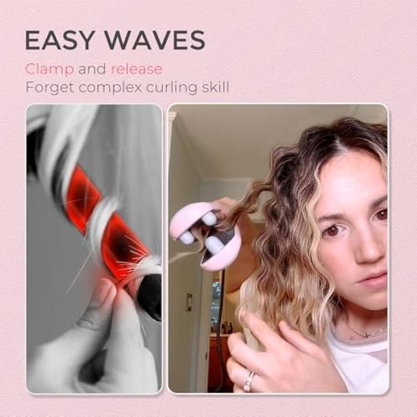 Curling Iron Hair Crimper Waver - TYMO ROVY Beach Waves Curling Wand, Ionic Deep Waver Hair Curler Tool with Ceramic 3 Barrel for Women, Dual Voltage, Anti-Scald, Easy to Use, Pink