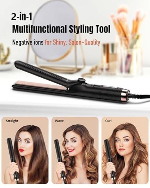 360° Airflow Styler Curling Iron - 1.25 Inch Hair Straightener and Curler 2 in 1 with Vented Cool Air to Lock Style, Extra Long Flat Iron Curling Wand, 5 Temps LCD Display, Dual Vo