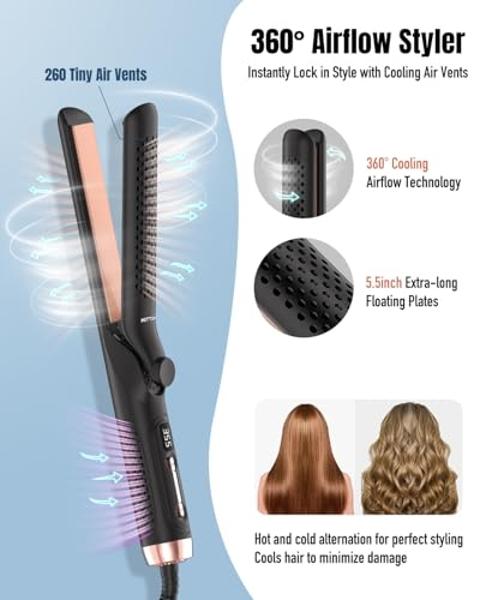 360° Airflow Styler Curling Iron - 1.25 Inch Hair Straightener and Curler 2 in 1 with Vented Cool Air to Lock Style, Extra Long Flat Iron Curling Wand, 5 Temps LCD Display, Dual Vo