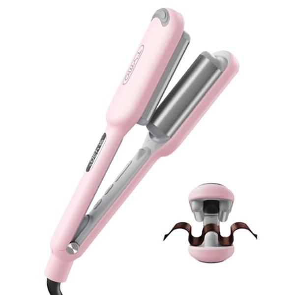 Curling Iron Hair Crimper Waver - TYMO ROVY Beach Waves Curling Wand, Ionic Deep Waver Hair Curler Tool with Ceramic 3 Barrel for Women, Dual Voltage, Anti-Scald, Easy to Use, Pink