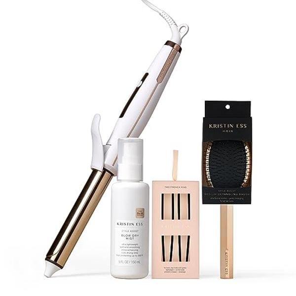 Kristin Ess Hair 1 Inch Titanium Curling Iron + Style Assist Blow Dry Heat Protectant Spray for Beach Waves + Detangling Brush + Matte Black French Pin Set of 2