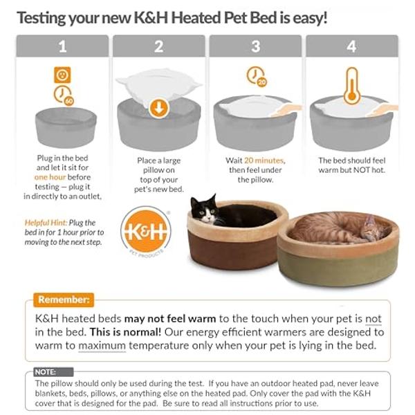K&H Pet Products Thermo-Kitty Bed Heated Cat Beds for Large Indoor Cats & Dogs, Calming Warming Pillow Pet Bed, Machine Washable, Removable Heater, Safety Listed - Large 20" Round 