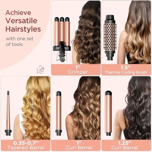 5 in 1 Curling Iron Curling Wand, Curling Iron Set with A Thermal Brush, A 3-Barrel Hair Crimper Iron, 3 Ceramic Curling Irons (0.35 "-1.25"), 2 Temps 30S Fast Heat Hair Curler Wav