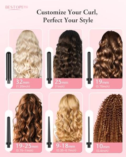 Long Barrel Curling Iron Wand Set, BESTOPE PRO 6 in 1 Curling Wand Set with Ceramic Barrel for Long/Medium Hair, 0.35"-1.25" Interchangeable Hair Wand Curler, Dual Volts, Include G