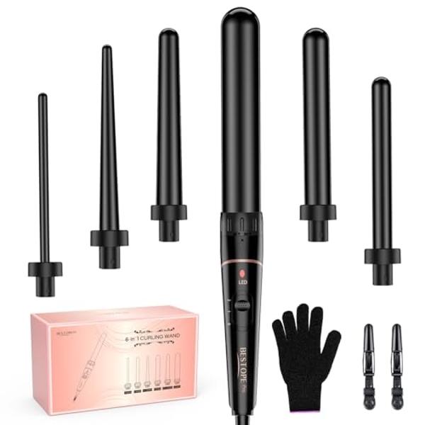 Long Barrel Curling Iron Wand Set, BESTOPE PRO 6 in 1 Curling Wand Set with Ceramic Barrel for Long/Medium Hair, 0.35"-1.25" Interchangeable Hair Wand Curler, Dual Volts, Include G