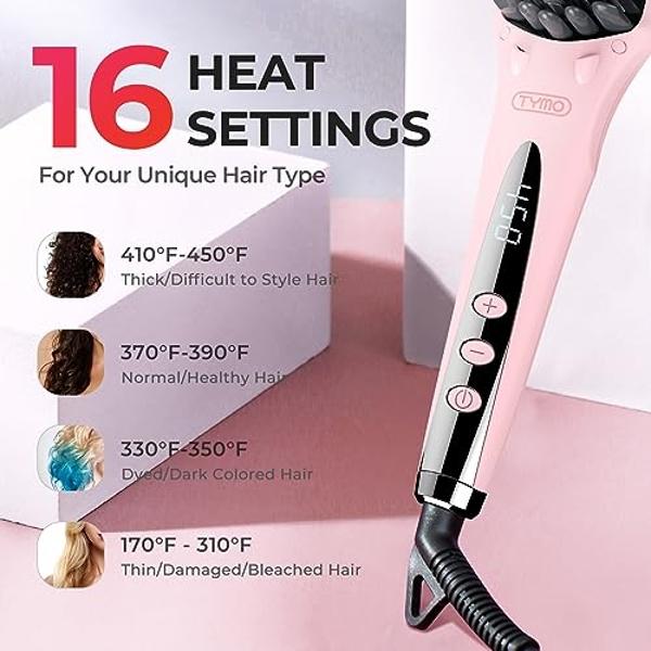 TYMO Ionic Hair Straightener Brush - Straightening Comb with 10M Negative Ions, 25s Heat-up, 16 Temps, Dual Voltage, LED Display | Ceramic Hot Comb Hair Brush Straightener for Wome