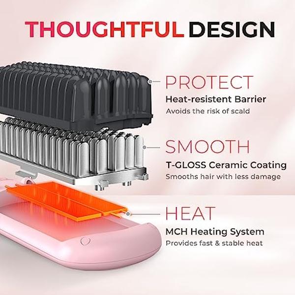 TYMO Ionic Hair Straightener Brush - Straightening Comb with 10M Negative Ions, 25s Heat-up, 16 Temps, Dual Voltage, LED Display | Ceramic Hot Comb Hair Brush Straightener for Wome