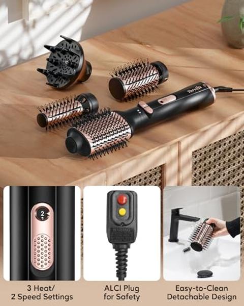 Terviiix 4-in-1 Hot Air Rotating Blow Dryer Brush Kit – 1000W with Rotatable Round Brushes (2 Sizes), Oval Volumizer, and Diffuser – Ideal for Curly Hair, with Arthritis-Friendly B