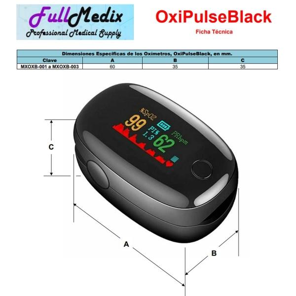 Oxímetro Digital MXOXB-001-1 1 pza Negro Rango de Medición 70porciento -99porciento Spo2 30BPM-240BPM mas menos 2BPM o mas menos 2porciento PR 2xAAA No Incluidas OxiPulseBlack