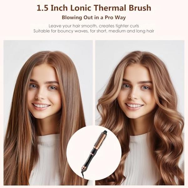 Thermal Brush for Blowout Look, 1.5 Inch Detachable Ion Ceramic Heated Round Brush for Hair Straightening & Curling Styler Tools, Makes Hair Smoother, Dual Voltage Thermal Hair Bru