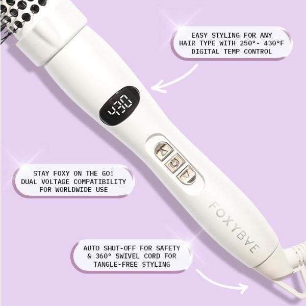 FoxyBae Hottie Hot Round Hair Brush - Curler & Straightener - Ceramic Tourmaline Multi-Styler - Fight Frizz & Adds Volume - 1.25" (Winter White)