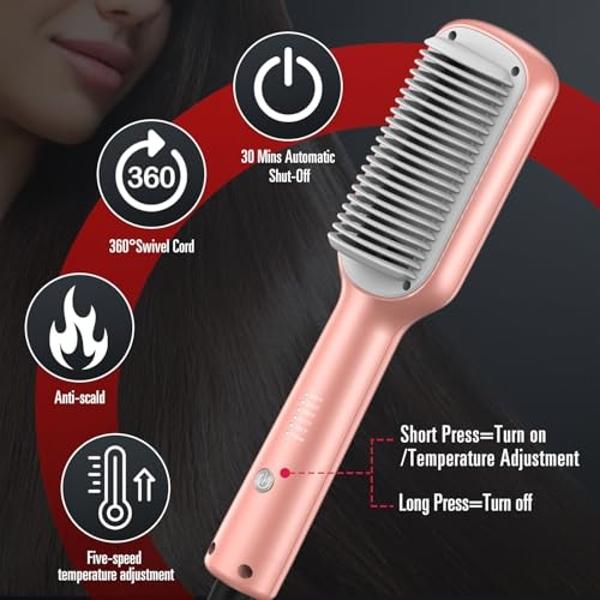 SDLOGAL Hair Straightener Brush, Hair Straightener Comb Straightening Brush for Women, with 5 Temps & Fast Heating, Easy and Fast Salon-Style, Plus Dual Voltage Travel Friendly-(Ro