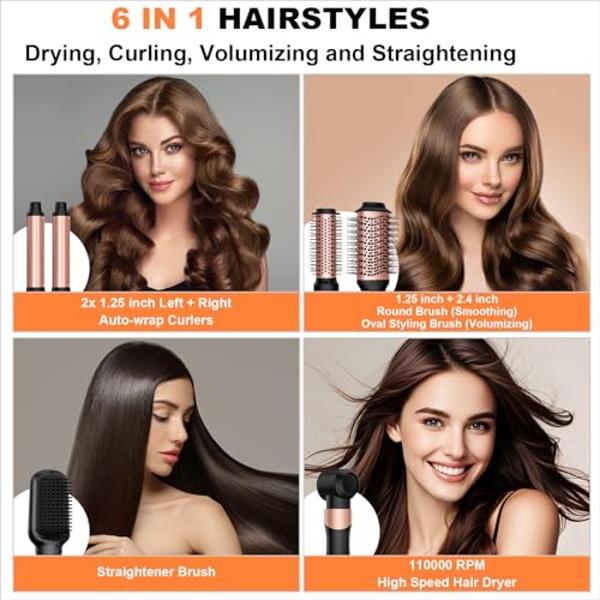 6 in 1 High-Speed Air Wrap Hair Styler,110,000 RPM Professional Hair Dryer Brush Set Fast Drying,No Heat Damage Multi-Styler,Blow Dryer Brush for Curling Straightening Volumizing S