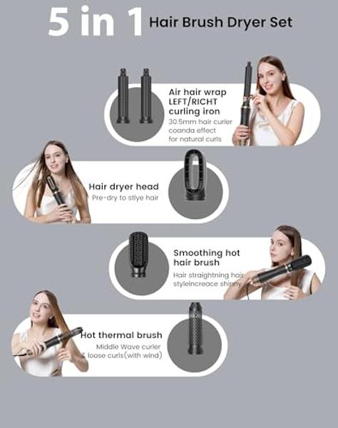 Hair Blow Dryer Styler Set, 5 in 1 Hot Air Brush Auto Wrap Curlers & Straightener & Volumizer Pro Kit, Ionic Technology, 60000RPM High Speed Drying, Round Comb Multi Styler Anion E