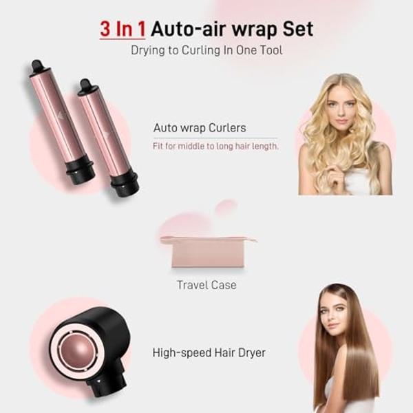 3 in 1 Air Styler with Travel Case - Ionic Hair Dryer & Air Wrap Curlers for Curling Drying, 1 Inch Curling Iron Barrel, Frizz-Free Blow Dryer No Heat Damage Fit for All Hair Types