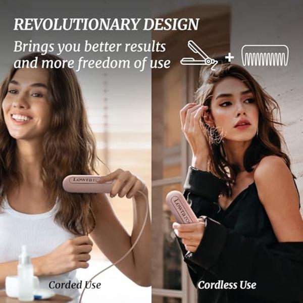 LOWRA ROUGE Hair Straightener Brush, 2 in 1 Negative Ionic Hair Straightening Brush, Cord & Cordless Comb, 30s Fast Heating, For Women Touch-ups On-The-Go, Usb Recharge Auto Shut-O