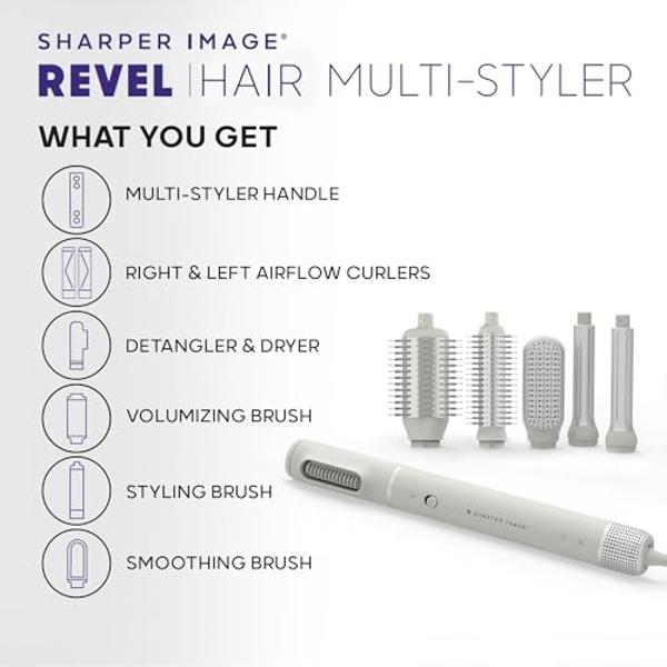 Sharper Image Revel 6-in-1 Airflow Hair Styler – Ionic Multi-Styler with Curling Wand, Detangler, Volumizing & Smoothing Brushes| Air Wrapping Styling Tool| Hot Brush| Straight & C