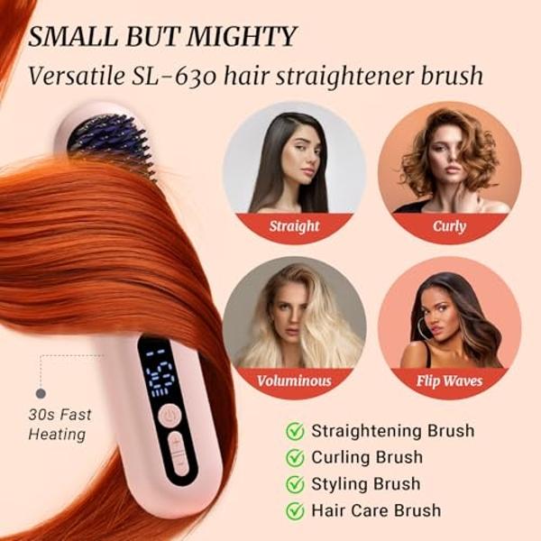 LOWRA ROUGE Hair Straightener Brush, 2 in 1 Negative Ionic Hair Straightening Brush, Cord & Cordless Comb, 30s Fast Heating, For Women Touch-ups On-The-Go, Usb Recharge Auto Shut-O