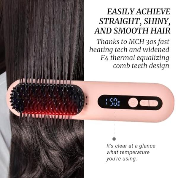 LOWRA ROUGE Hair Straightener Brush, 2 in 1 Negative Ionic Hair Straightening Brush, Cord & Cordless Comb, 30s Fast Heating, For Women Touch-ups On-The-Go, Usb Recharge Auto Shut-O