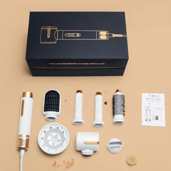 Hair Dryer Styler 7 in 1, High Speed Blow Dryer Wrap Air Styling Tools Set - Hot Air Brush, Diffuser, Nozzles, Hair Straightener Comb, Curling Wand, Hair Volumizer (White)