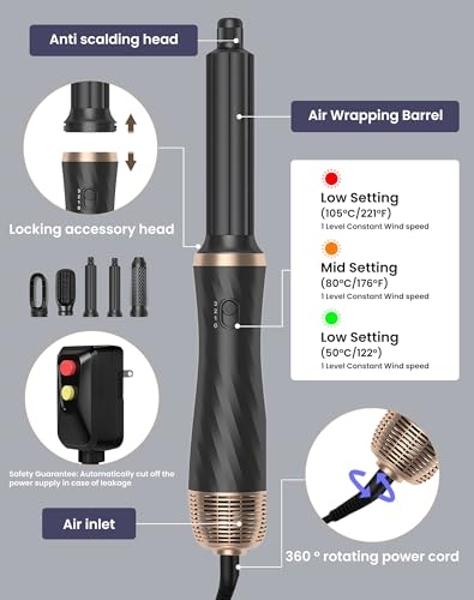 Hair Blow Dryer Styler Set, 5 in 1 Hot Air Brush Auto Wrap Curlers & Straightener & Volumizer Pro Kit, Ionic Technology, 60000RPM High Speed Drying, Round Comb Multi Styler Anion E
