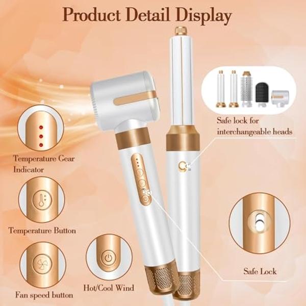 Hair Dryer Styler 7 in 1, High Speed Blow Dryer Wrap Air Styling Tools Set - Hot Air Brush, Diffuser, Nozzles, Hair Straightener Comb, Curling Wand, Hair Volumizer (White)