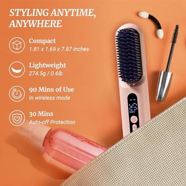 LOWRA ROUGE Hair Straightener Brush, 2 in 1 Negative Ionic Hair Straightening Brush, Cord & Cordless Comb, 30s Fast Heating, For Women Touch-ups On-The-Go, Usb Recharge Auto Shut-O