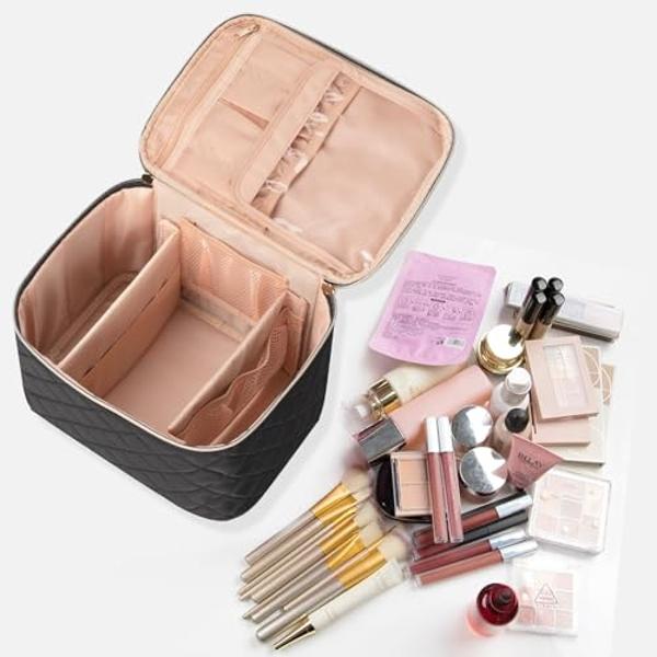 OCHEAL Makeup Bag,Large Travel Bag Organizer Cosmetic Bags for Women Washable Make Up Bag Makeup Organizer Case with Dividers - Large,Embossed Rhombus Black