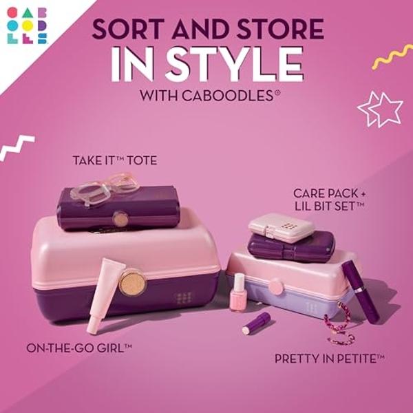 Caboodles On-The-Go Girl Makeup Box, Two-Tone Violet on Silver Sparkle, Hard Plastic Makeup Organizer Box, Built-In Mirror, Secure Latch for Safe Travel, Spacious Storage for Large