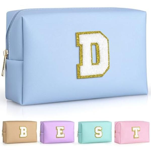TOPEAST Preppy Small Makeup Bag, Chenille Letter Pouch Cosmetic Bag With Zipper, PU Leather Waterproof Toiletry Bag, Personalized Birthday Gift for Women, Cute Stuff for Girls (Sky