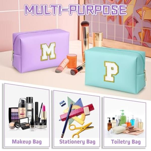 TOPEAST Travel Makeup Bag, Personalized Initial Toiletry Bag w Zipper, Cute Makeup Pouch, PU Leather Waterproof Cosmetic Bag, Birthday Gift for Daughter, Preppy Things for Girls (P