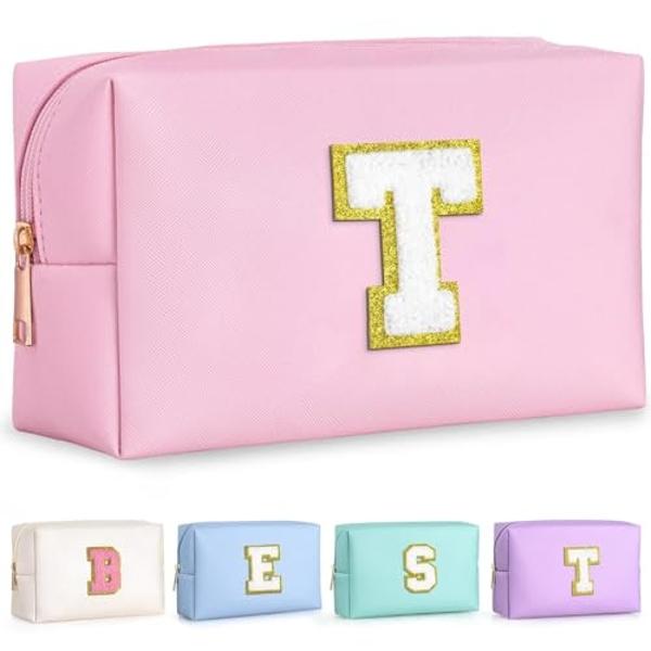 TOPEAST Dorm Room Essentials for Girls - Pink Initial Makeup Bag, College Essentials PU Leather Bag | Travel Car Essentials | Cute Stuff Birthday Gift for Friends Sister (Pink T)