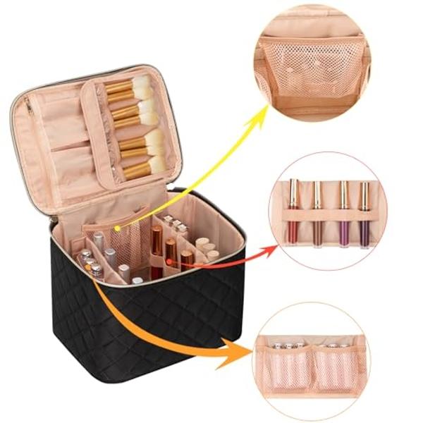 OCHEAL Makeup Bag,Large Travel Bag Organizer Cosmetic Bags for Women Washable Make Up Bag Makeup Organizer Case with Dividers - Large,Embossed Rhombus Black