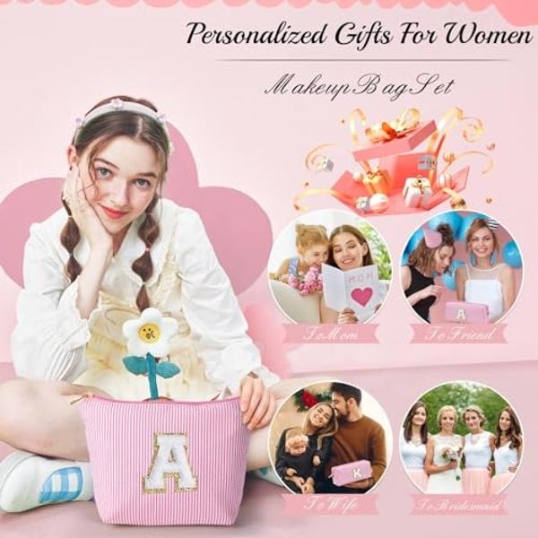 YOOLIFE Personalized Birthday Gifts for Women Teacher, Initial Cute Pink Cosmetic Makeup Bag Pouch Case Travel Toiletry Make Up Bag for Women Friends Female Friendship Girlfriend W