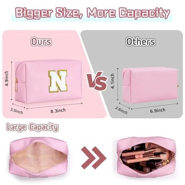 TOPEAST Dorm Room Essentials for Girls - Pink Initial Makeup Bag, College Essentials PU Leather Bag | Travel Car Essentials | Cute Stuff Birthday Gift for Friends Sister (Pink T)