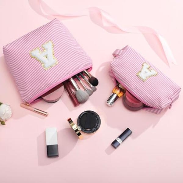 YOOLIFE Personalized Birthday Gifts for Women Teacher, Initial Cute Pink Cosmetic Makeup Bag Pouch Case Travel Toiletry Make Up Bag for Women Friends Female Friendship Girlfriend W
