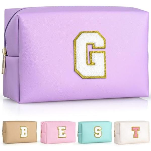 TOPEAST Travel Makeup Bag, Personalized Initial Toiletry Bag w Zipper, Cute Makeup Pouch, PU Leather Waterproof Cosmetic Bag, Birthday Gift for Daughter, Preppy Things for Girls (P