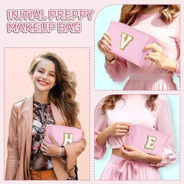 TOPEAST Dorm Room Essentials for Girls - Pink Initial Makeup Bag, College Essentials PU Leather Bag | Travel Car Essentials | Cute Stuff Birthday Gift for Friends Sister (Pink T)
