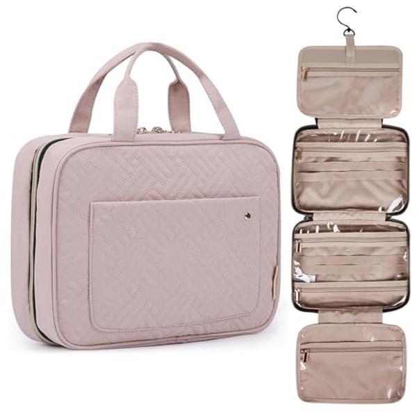 BAGSMART Toiletry Bag Travel Bag with Hanging Hook, Water-resistant Makeup Cosmetic Bag Travel Organizer for Accessories, Shampoo, Full-size Container, Toiletries (Baby Pink, Mediu