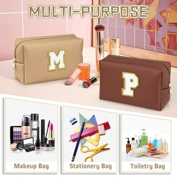 TOPEAST Travel Makeup Bag, Personalized Initial Toiletry Bag w Zipper, Cute Makeup Pouch, PU Leather Waterproof Cosmetic Bag, Birthday Gift for Daughter, Preppy Things for Girls (K
