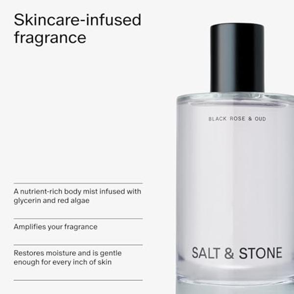 Salt & Stone Body Mist, Black Rose & Oud Scent, Skincare Infused Perfume Hair & Body Spray for Women and Men, Hydrating Fragrance with Glycerin and Red Algae, Vegan, Cruelty Free, 