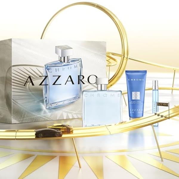 Azzaro Chrome Eau de Toilette - Fresh Aquatic Mens Cologne Gift Set - 3-Piece Holiday Set Includes Full + Travel Fragrance (100ml + 10ml) and Hair + Body Shampoo (75ml) - Gifts for
