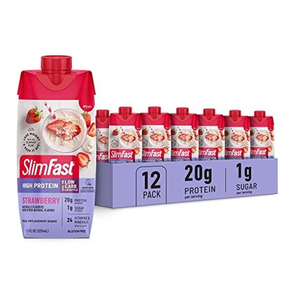 SlimFast Protein Shake, Strawberry- 20g Protein, Meal Replacement Shake Ready to Drink, High Protein with Low Carb and Low Sugar, 24 Vitamins and Minerals, 12 Count (Pack of 1) (Pa