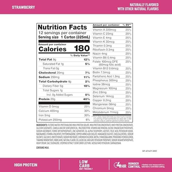 SlimFast Protein Shake, Strawberry- 20g Protein, Meal Replacement Shake Ready to Drink, High Protein with Low Carb and Low Sugar, 24 Vitamins and Minerals, 12 Count (Pack of 1) (Pa