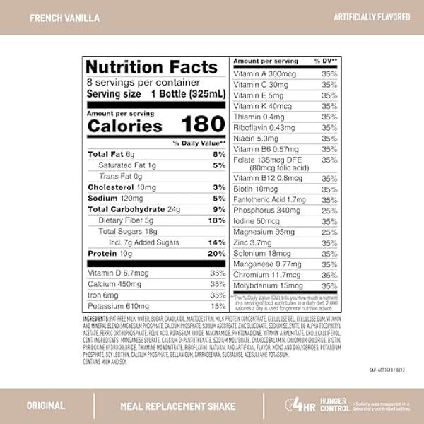SlimFast Meal Replacement Shake, Original French Vanilla, 10g of Ready to Drink Protein for Weight Loss, 11 Fl. Oz Bottle, 8 Count